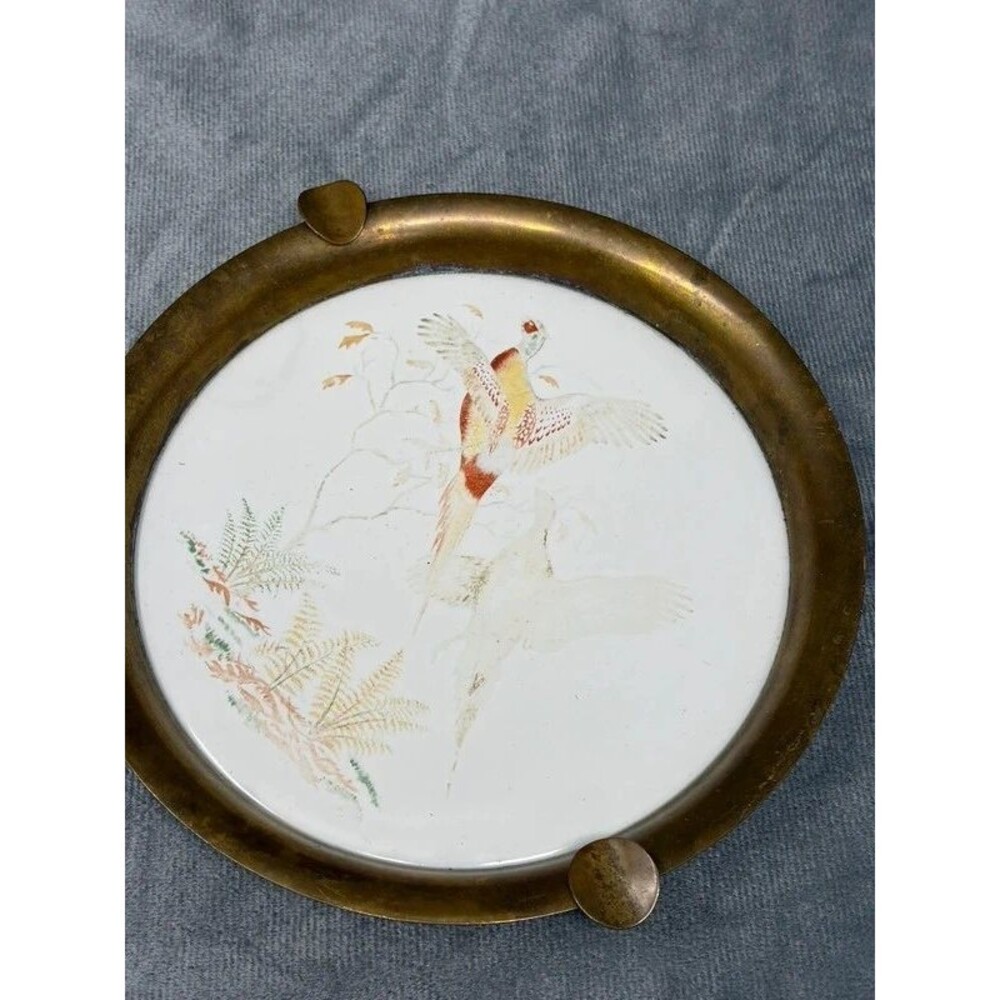 MCM Brass Large Ashtray Ring-Necked Pheasant Porcelain Insert Wildlife